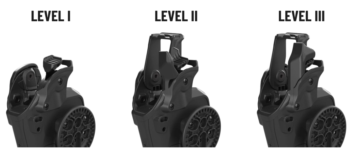 Blade-Tech Valor holsters showing Level I, Level II, and Level III retention configurations side by side