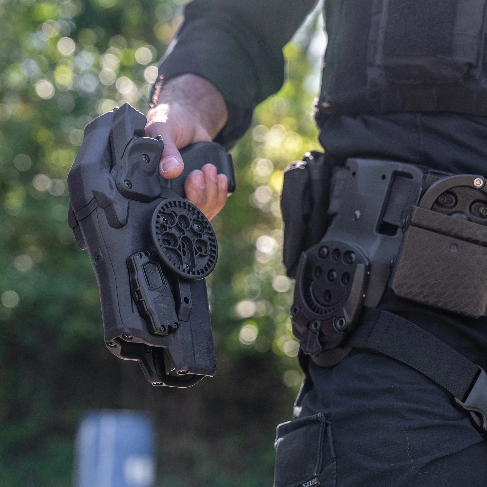 Blade-Tech Valor duty holster for Glock pistols, shown with Tek-Mount belt attachment plate