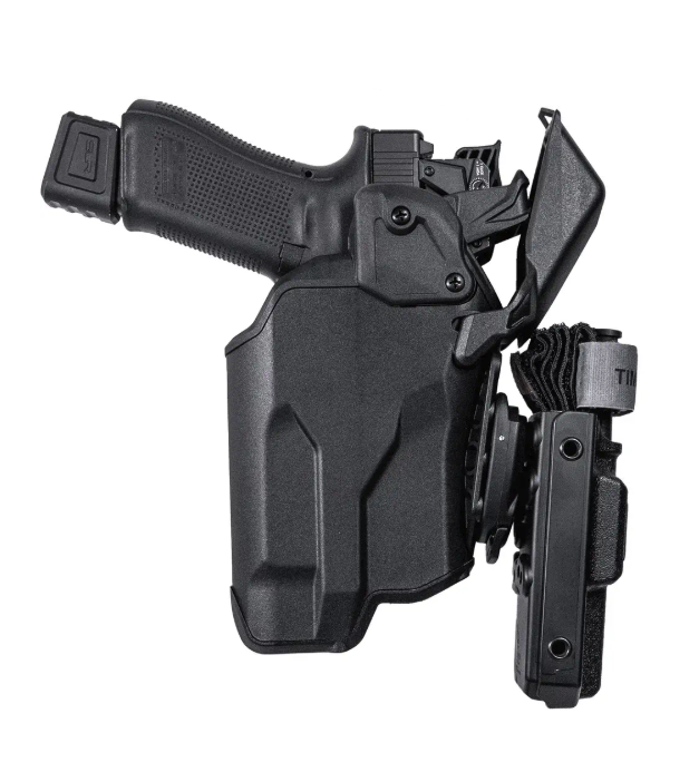 Blade-Tech Valor holster with Mini Tek-Mount faceplate and tourniquet pouch mounted on the duty belt