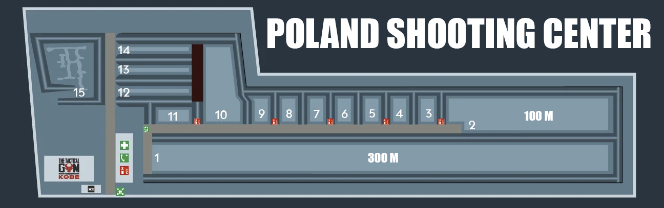 Map of Poland Shooting Center showing the pistol bays, 300 m rifle range and tactical training areas near Wrocław